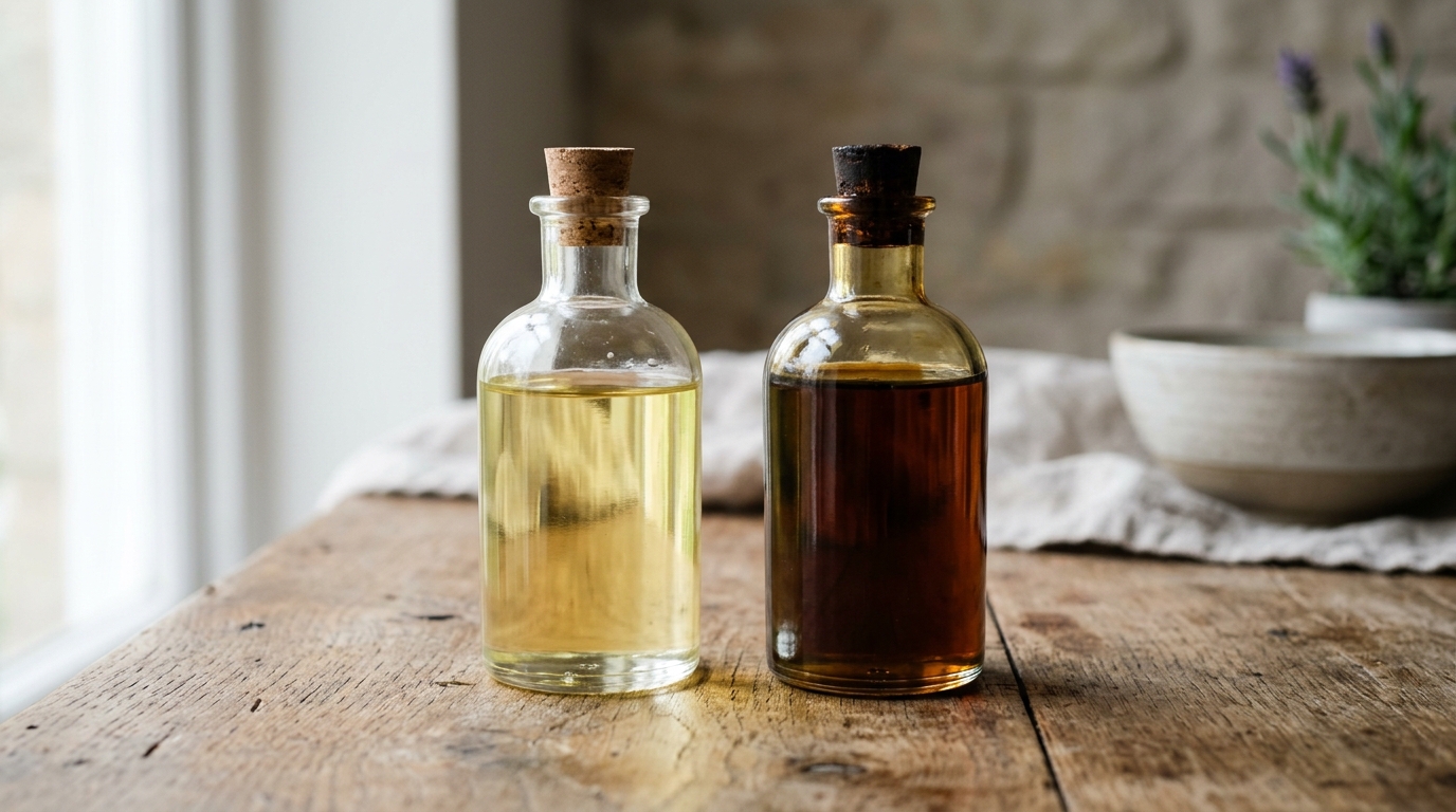 Comparación entre aceite de ajonjolí prensado en frío (dorado claro) y aceite de ajonjolí tostado (ámbar oscuro) en dos botellas de vidrio