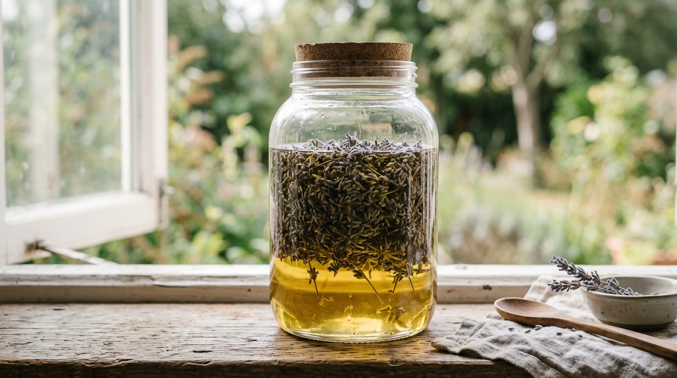 Frasco de vidrio con flores de lavanda secas maceradas en aceite portador junto a una ventana