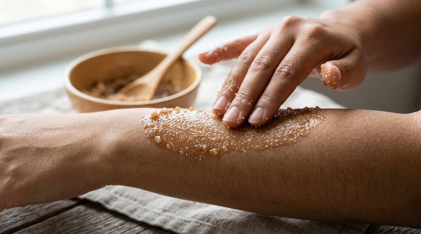 Aplicación de exfoliante casero en brazo con movimiento circular suave, piel latina