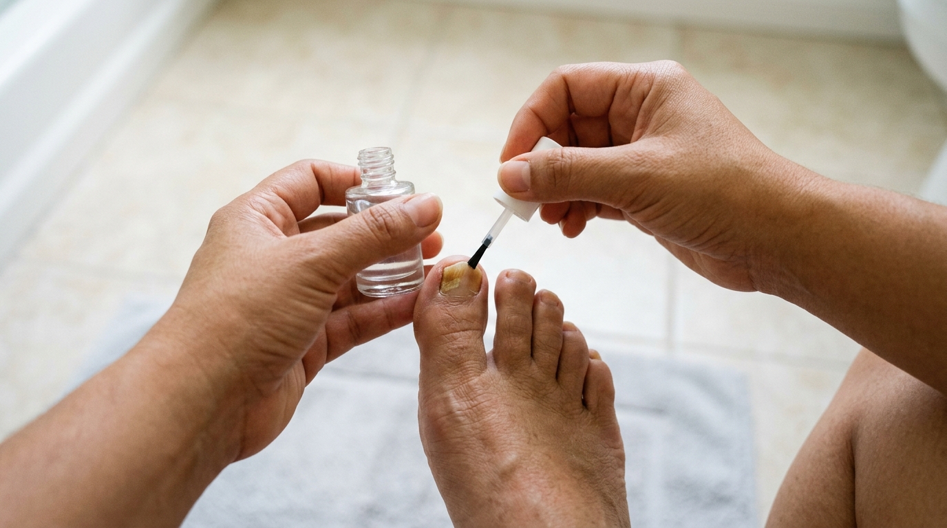 Aplicación de laca antifúngica con aplicador-pincel sobre uña del pie afectada por onicomicosis