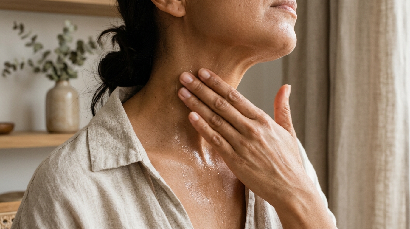 Mano aplicando serum hidratante en cuello y escote, movimiento ascendente