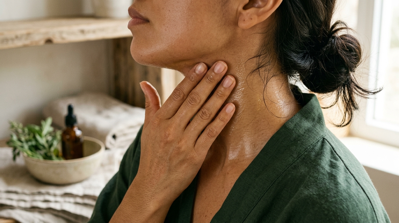 Mujer aplicando aceite de ajonjolí con los dedos en el cuello y la mandíbula, sin mostrar el rostro