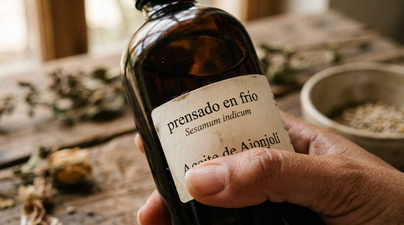 Etiqueta de un frasco de aceite mostrando las indicaciones "prensado en frío" y "Sesamum indicum"