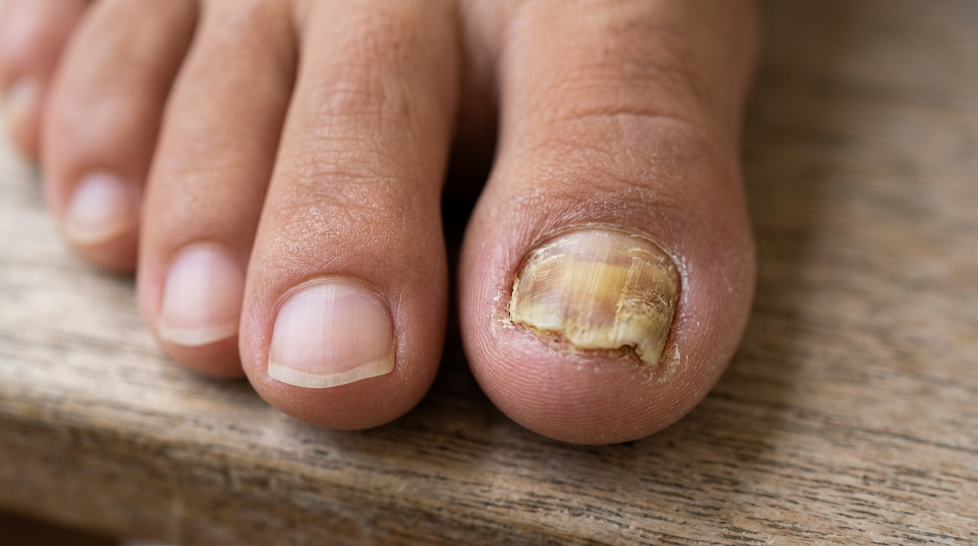 Comparación entre uña del pie sana y uña con onicomicosis con decoloración y engrosamiento