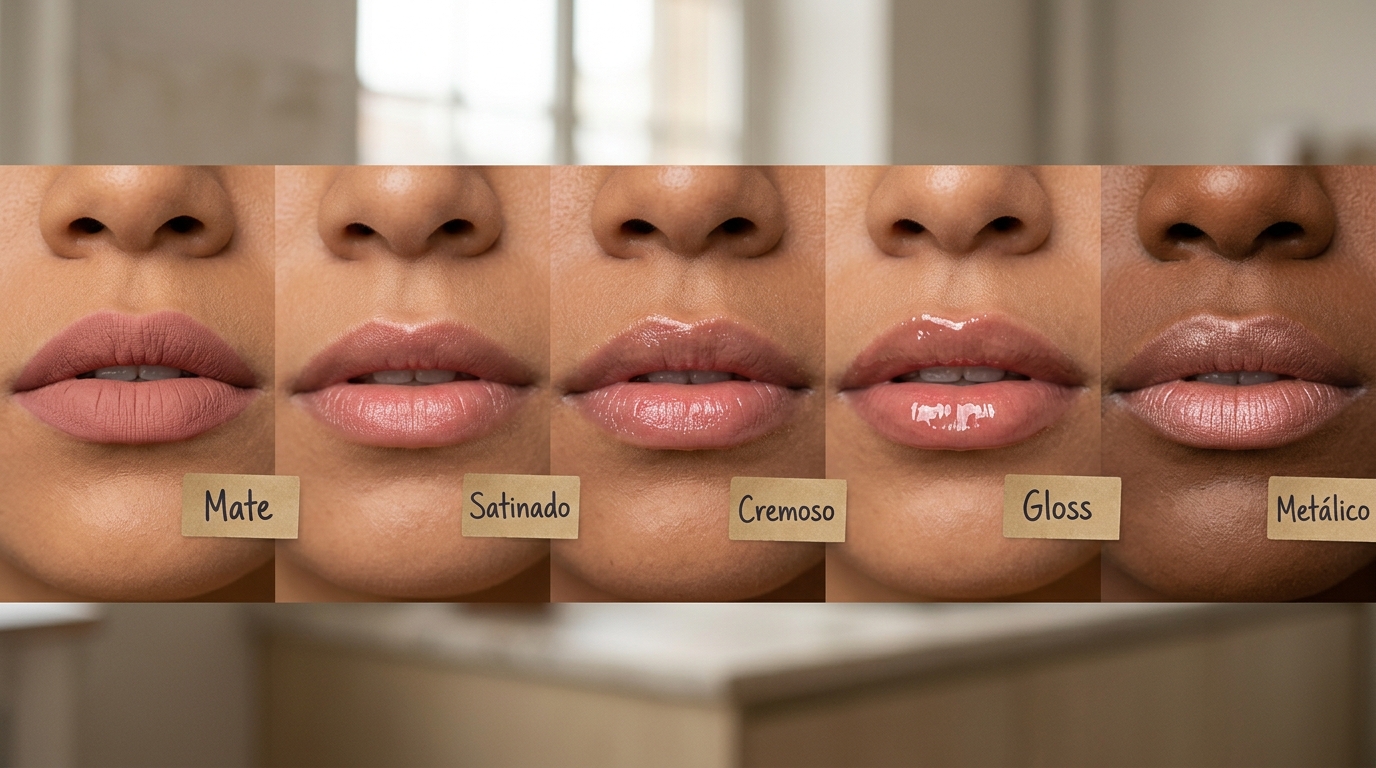 Comparación visual de cinco acabados de labial sobre el mismo tono nude rosado: mate, satinado, cremoso, gloss y metálico