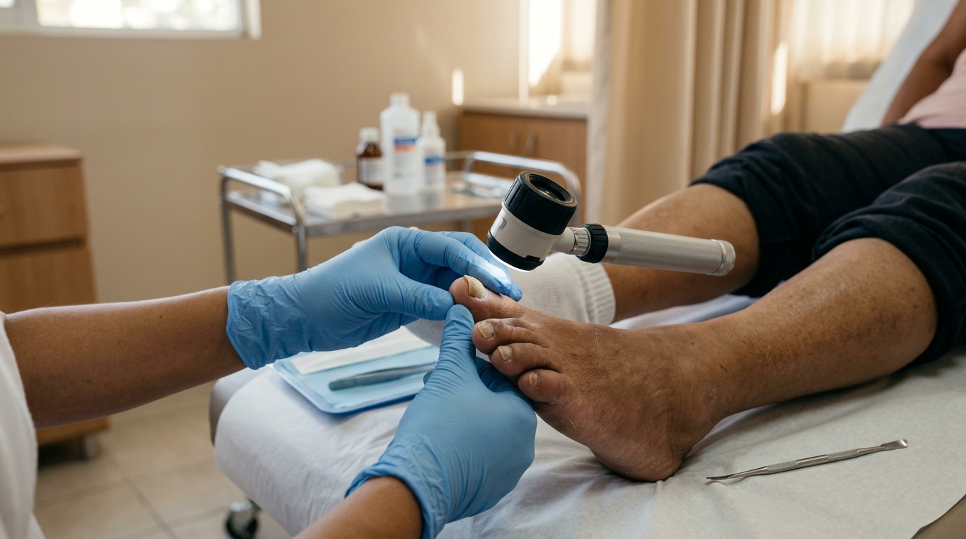 Especialista examinando un pie con sospecha de infección fúngica en consulta