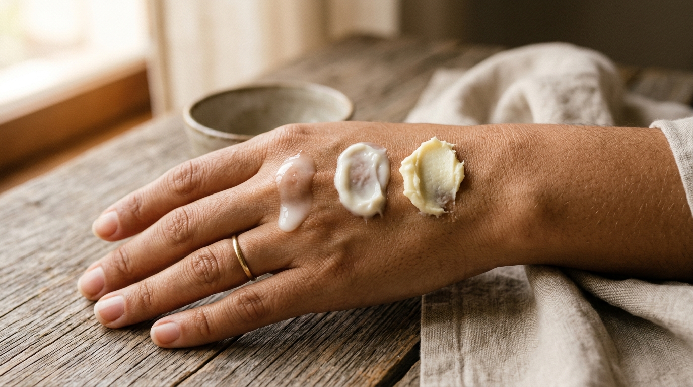 Comparación de tres texturas de crema de manos: loción ligera, crema media y manteca densa