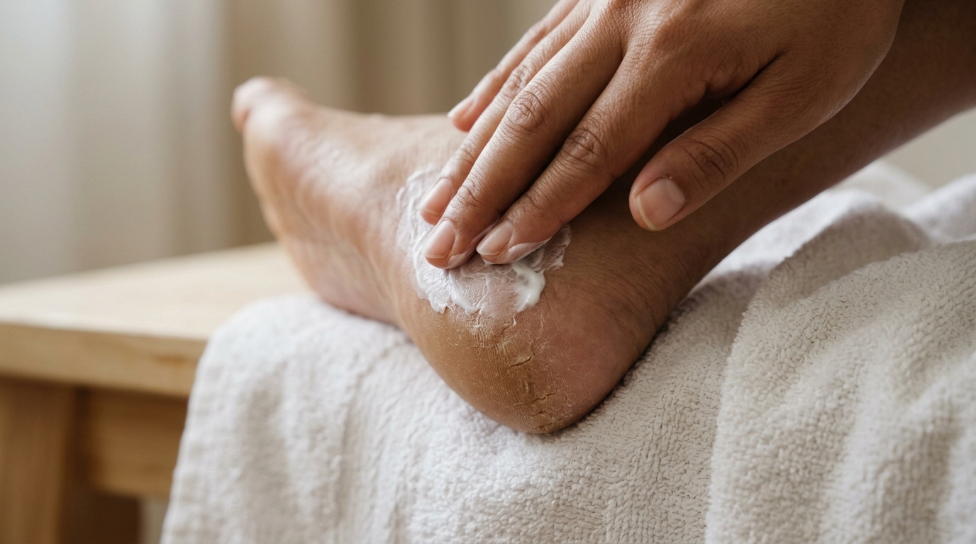 Aplicación de crema hidratante con urea en el talón después del baño