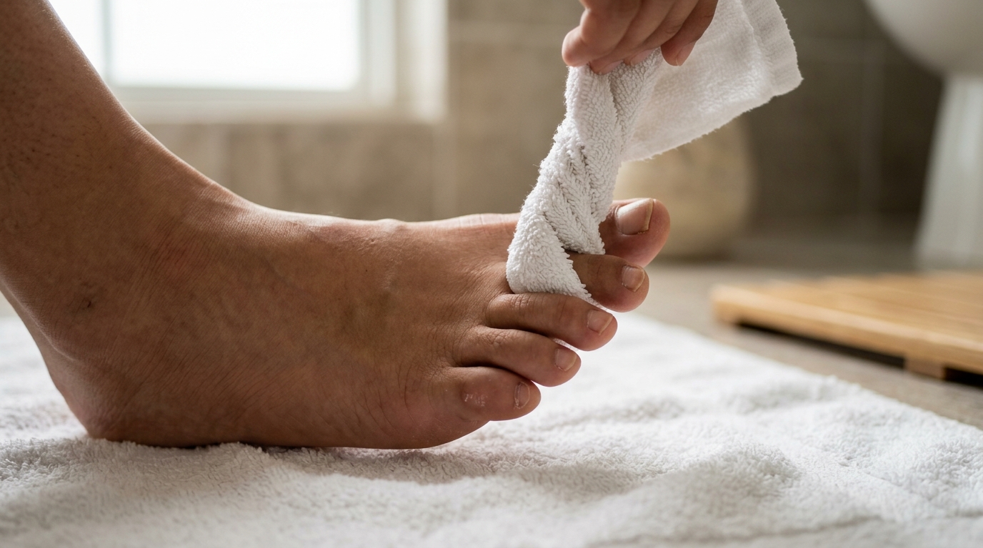 Secado correcto entre los dedos del pie con toalla para prevenir hongos y mal olor