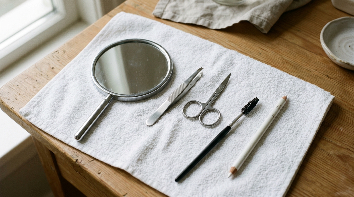 Herramientas necesarias para depilar las cejas en casa: pinzas inclinadas, tijeras pequeñas, spoolie y lápiz blanco