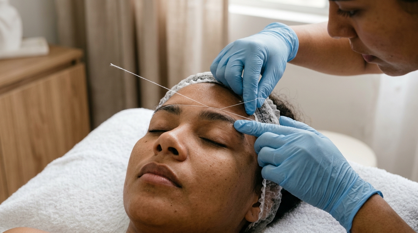 Sesión profesional de depilación de cejas con hilo en un salón de estética