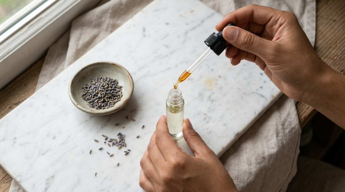 Pipeta dejando caer una gota de aceite esencial de lavanda en un frasco con aceite portador