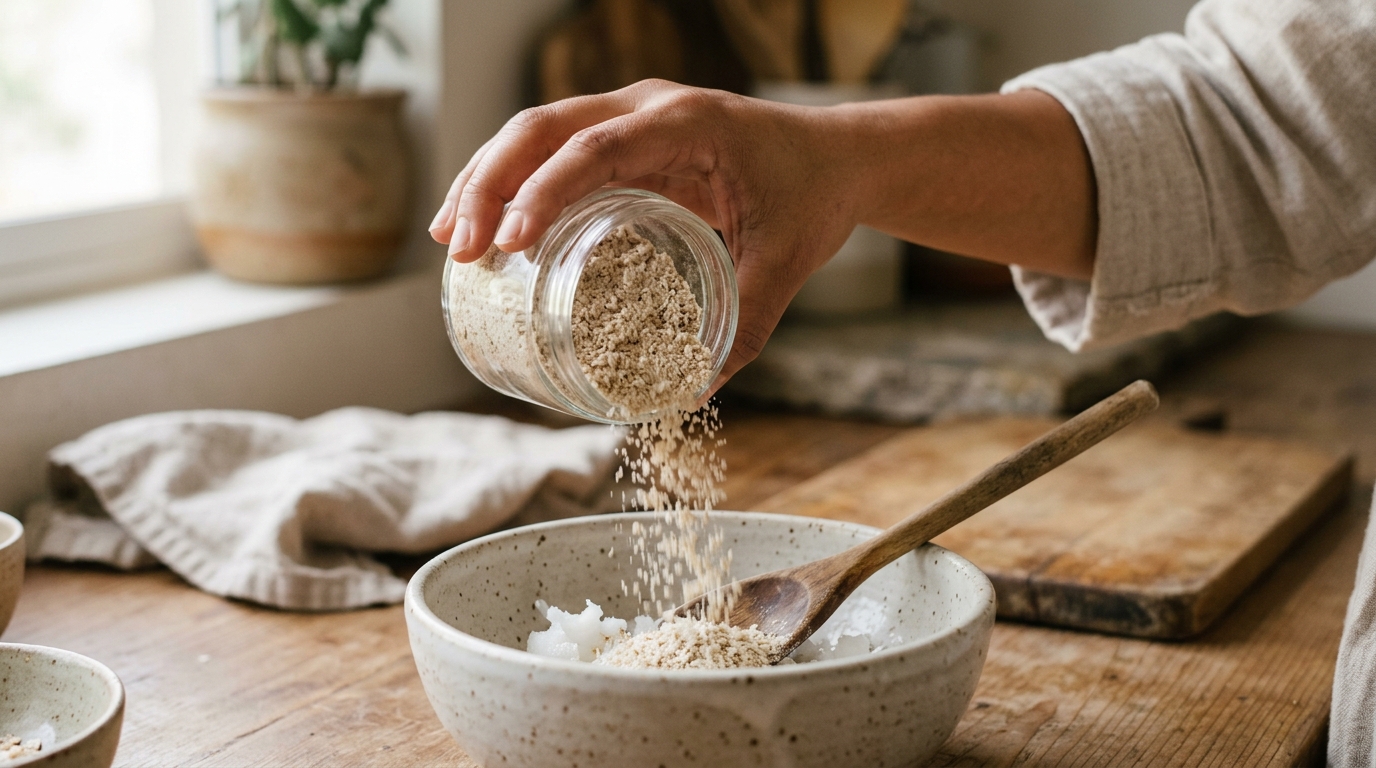 Preparación de exfoliante suave para piel sensible con avena molida y aceite de coco