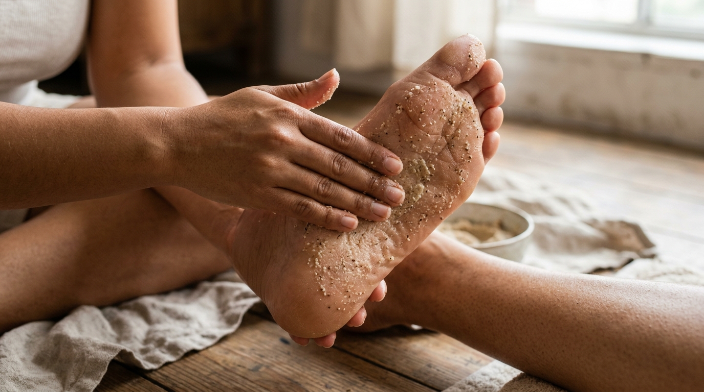 Aplicación de exfoliante casero de azúcar y aceite con masaje circular sobre la planta del pie