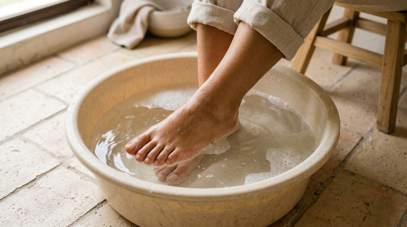 Pies en remojo en agua tibia preparándose para la exfoliación casera