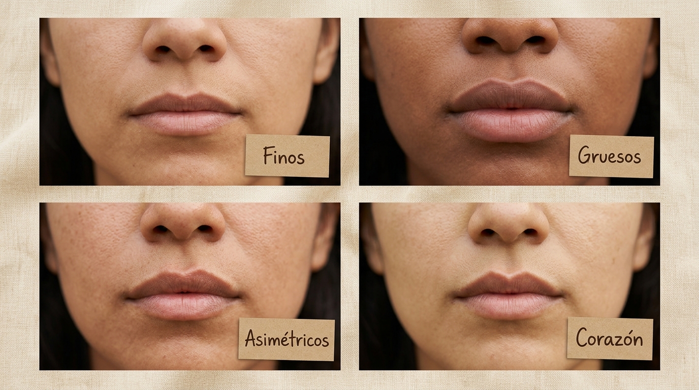 Cuadrícula comparativa de cuatro formas de labios: finos, gruesos, asimétricos y en corazón con arco de Cupido marcado