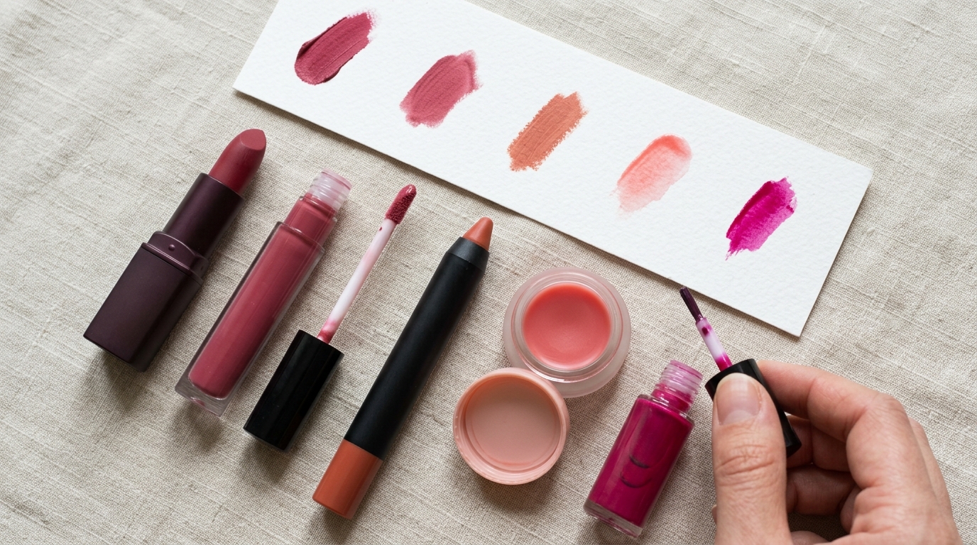 Cinco fórmulas de labial dispuestas en hilera: barra clásica, labial líquido, lápiz, bálsamo con color y tinte labial