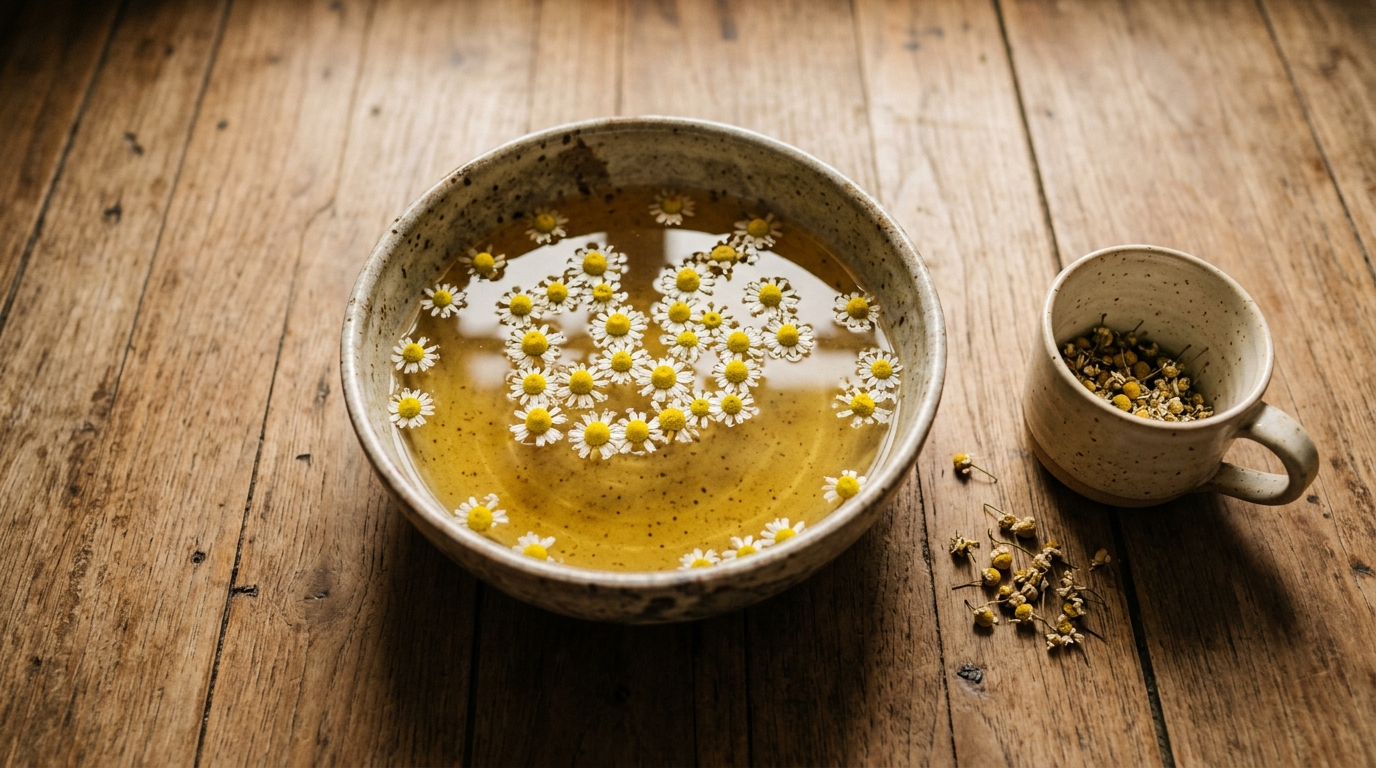 Infusión de manzanilla preparada para baño de pies como remedio natural contra los pies hinchados