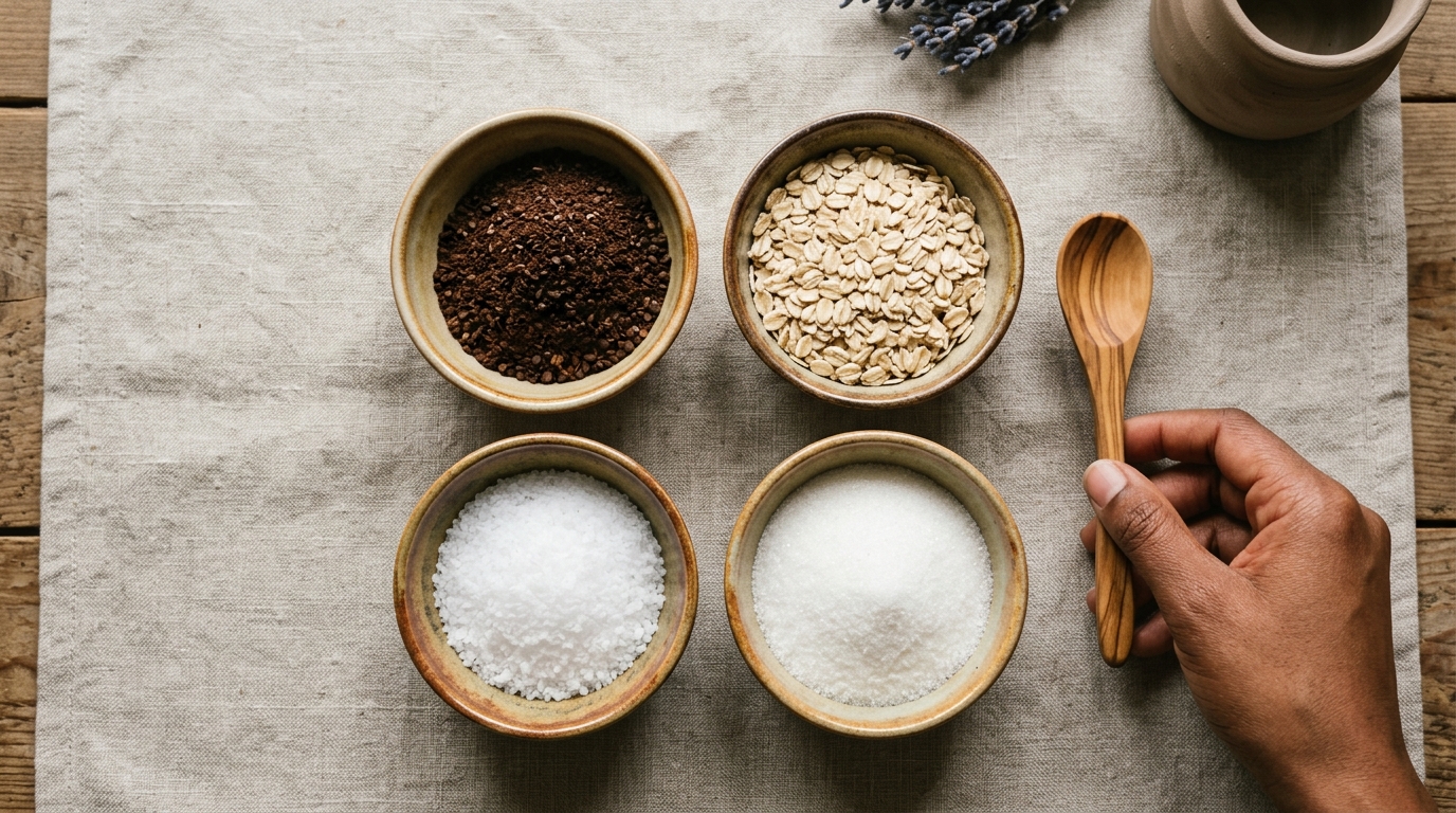Ingredientes naturales para exfoliantes caseros: café molido, avena, sal marina y azúcar en cuencos pequeños