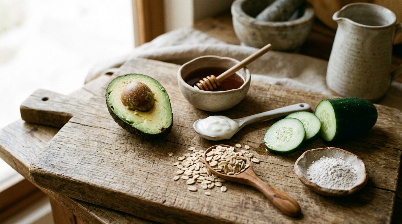 Ingredientes naturales: aguacate, miel, yogurt, avena, pepino y arcilla en tabla de madera