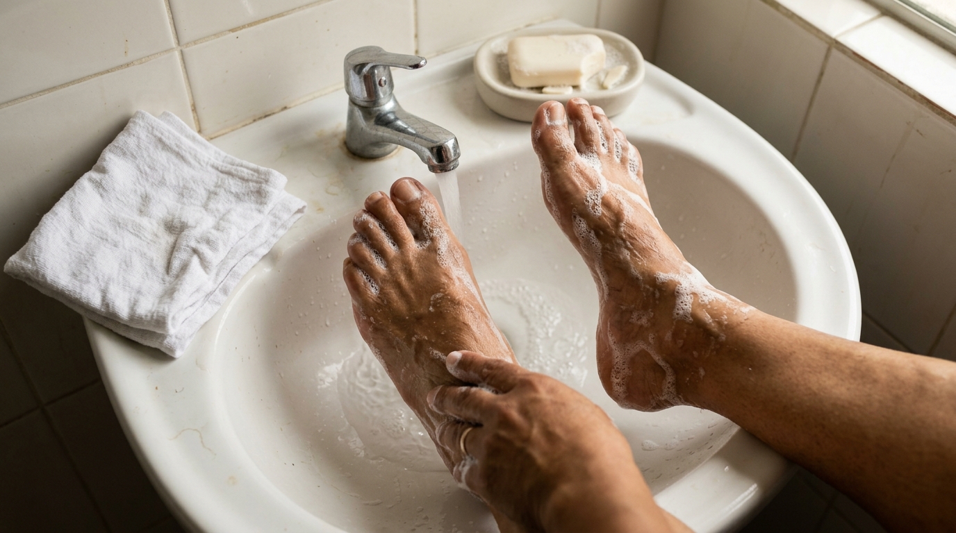 Lavado de pies con agua y jabón antibacterial, técnica diaria correcta