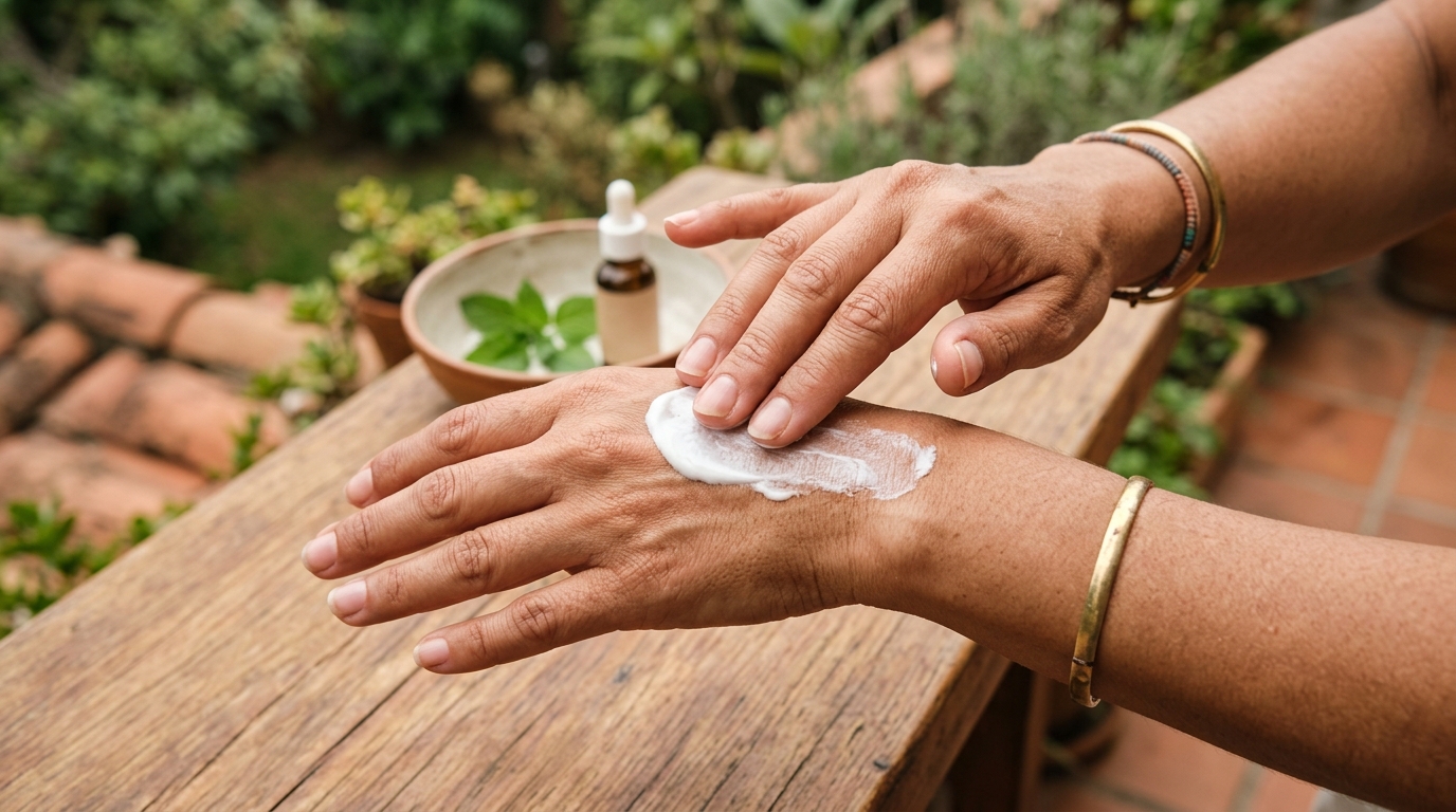 Aplicación de protector solar SPF sobre el dorso de la mano como hábito de prevención de manchas