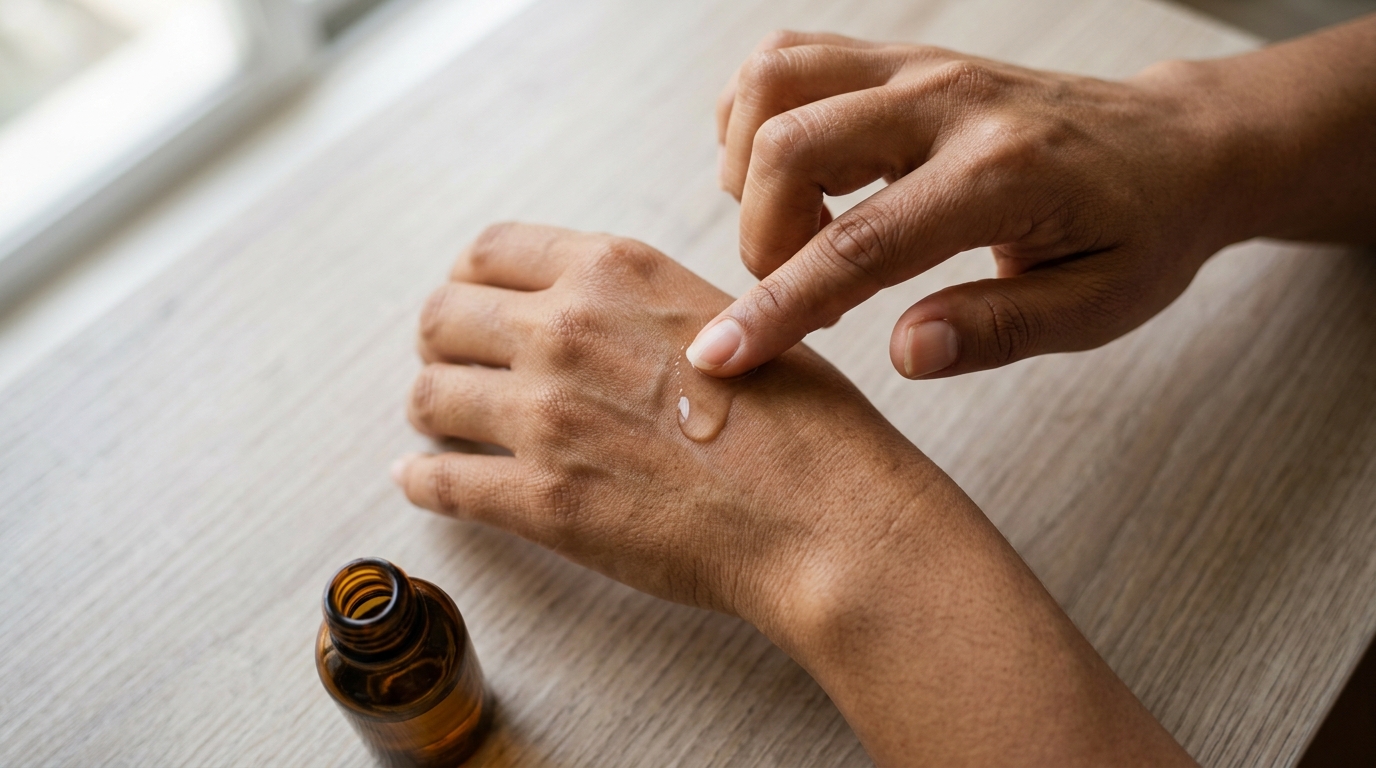 Aplicación de sérum despigmentante con una gota sobre el dorso de la mano, técnica correcta