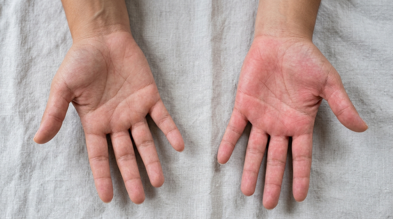 Comparación entre una palma normal y otra con eritema palmar característico de enfermedad hepática