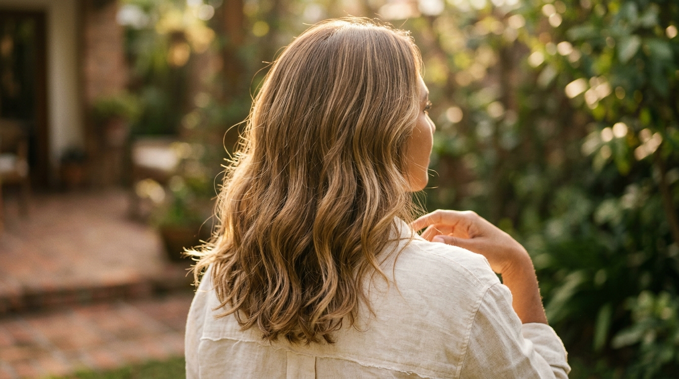 Cabello castaño claro con reflejos dorados naturales obtenidos con enjuagues de manzanilla y exposición solar