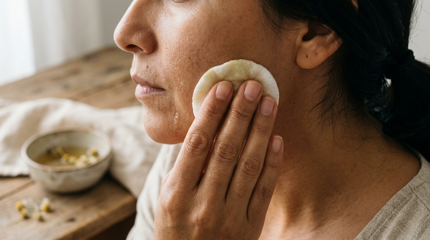 Aplicación de tónico facial de manzanilla con disco de algodón en mejilla, técnica de uso casero para pieles sensibles