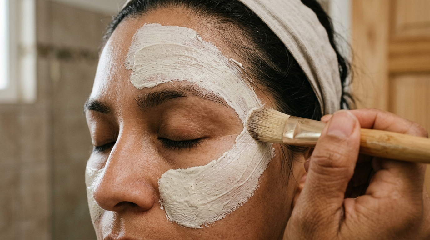 Mascarilla de arcilla blanca siendo aplicada en zona T del rostro con brocha de madera