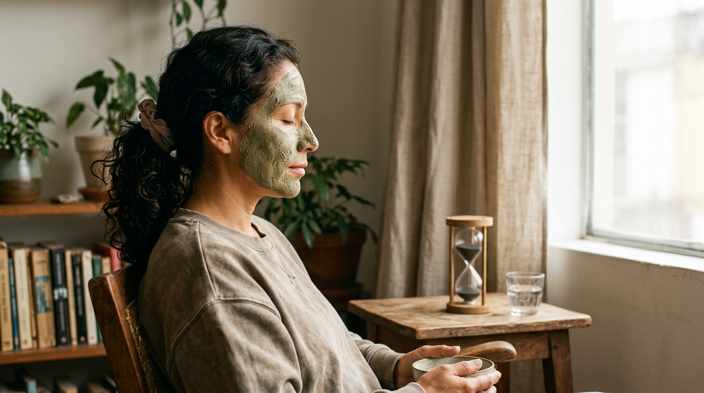 Mujer latina con mascarilla en el rostro descansando, reloj de arena o temporizador visible