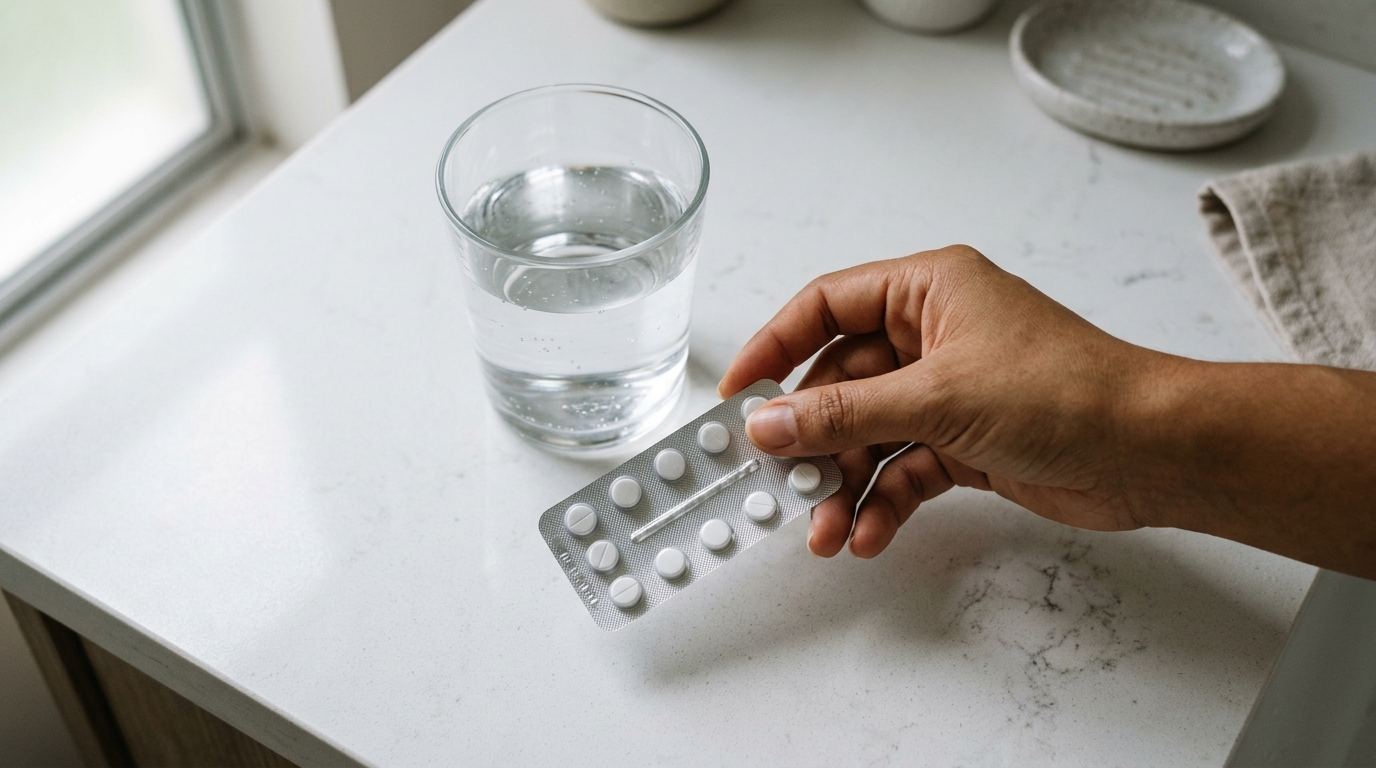 Blister de comprimidos antifúngicos orales con vaso de agua sobre encimera