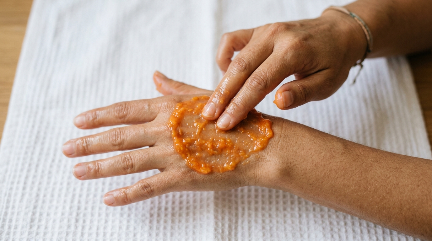 Aplicación de mascarilla de papaya machacada sobre el dorso de la mano, técnica de exfoliación enzimática casera