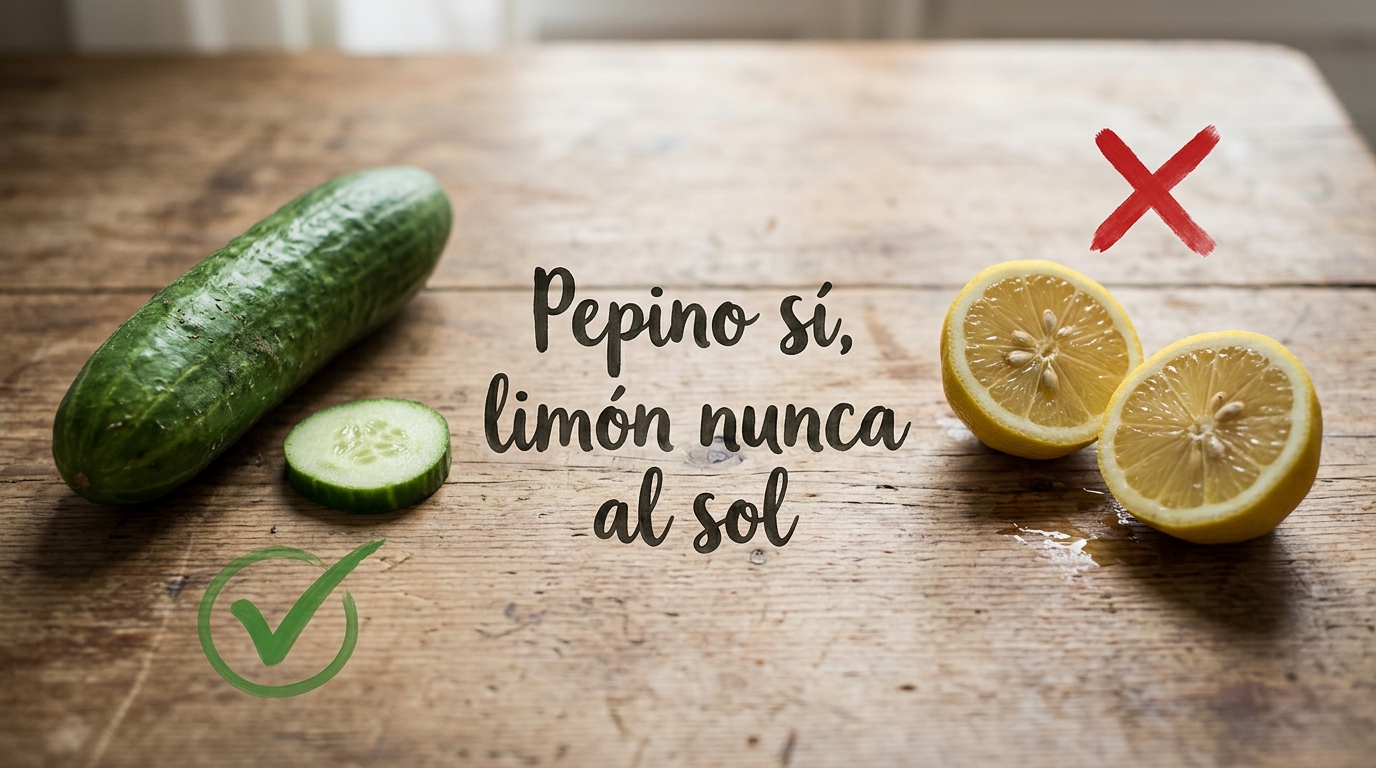 Comparación entre pepino seguro al sol y limón fototóxico que no debe aplicarse antes de la exposición solar