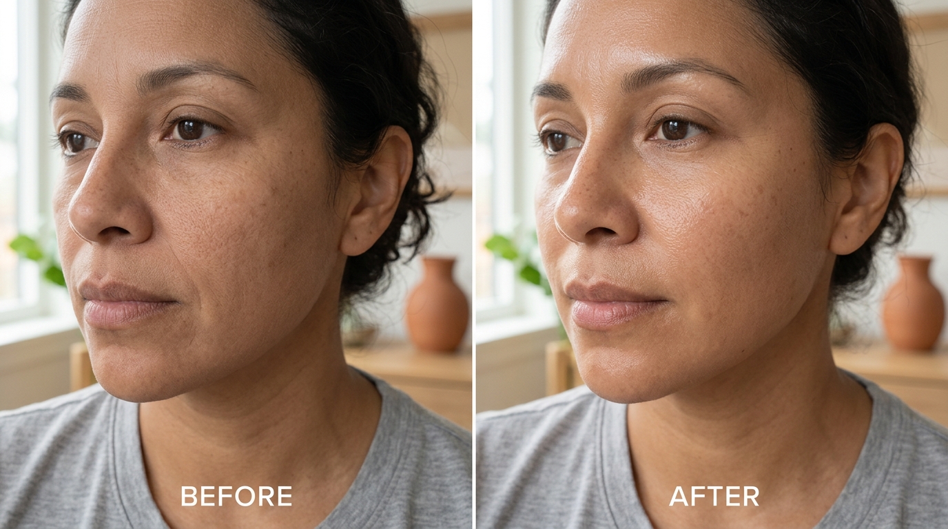 Comparación antes y después: piel opaca y tirante vs. piel luminosa e hidratada