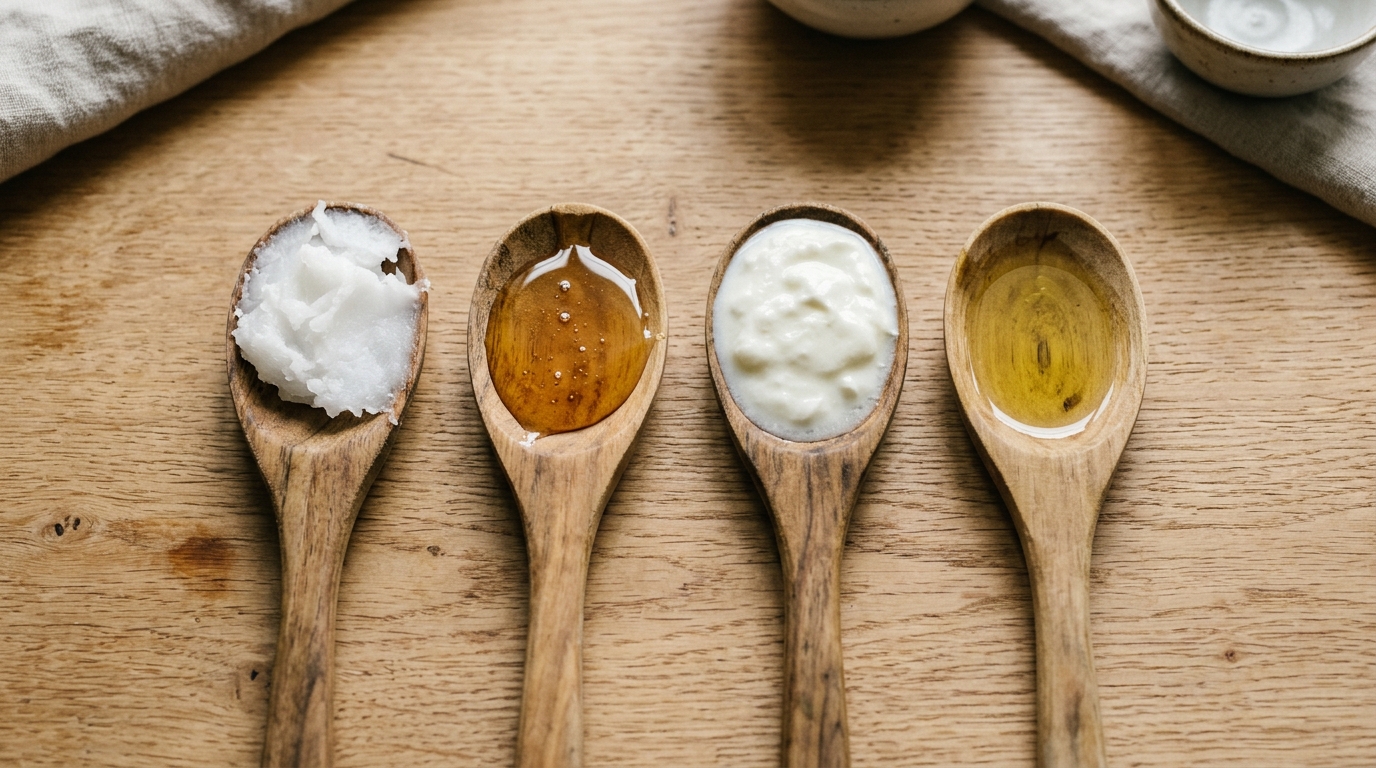 Portadores naturales para exfoliantes: aceite de coco, miel, yogur y aceite de oliva en cucharas de madera