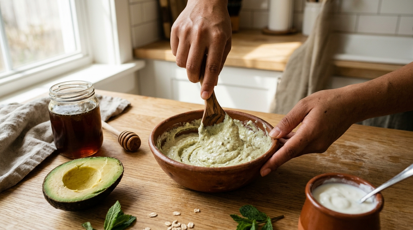 Manos mezclando ingredientes en cuenco de cerámica en cocina luminosa con luz natural