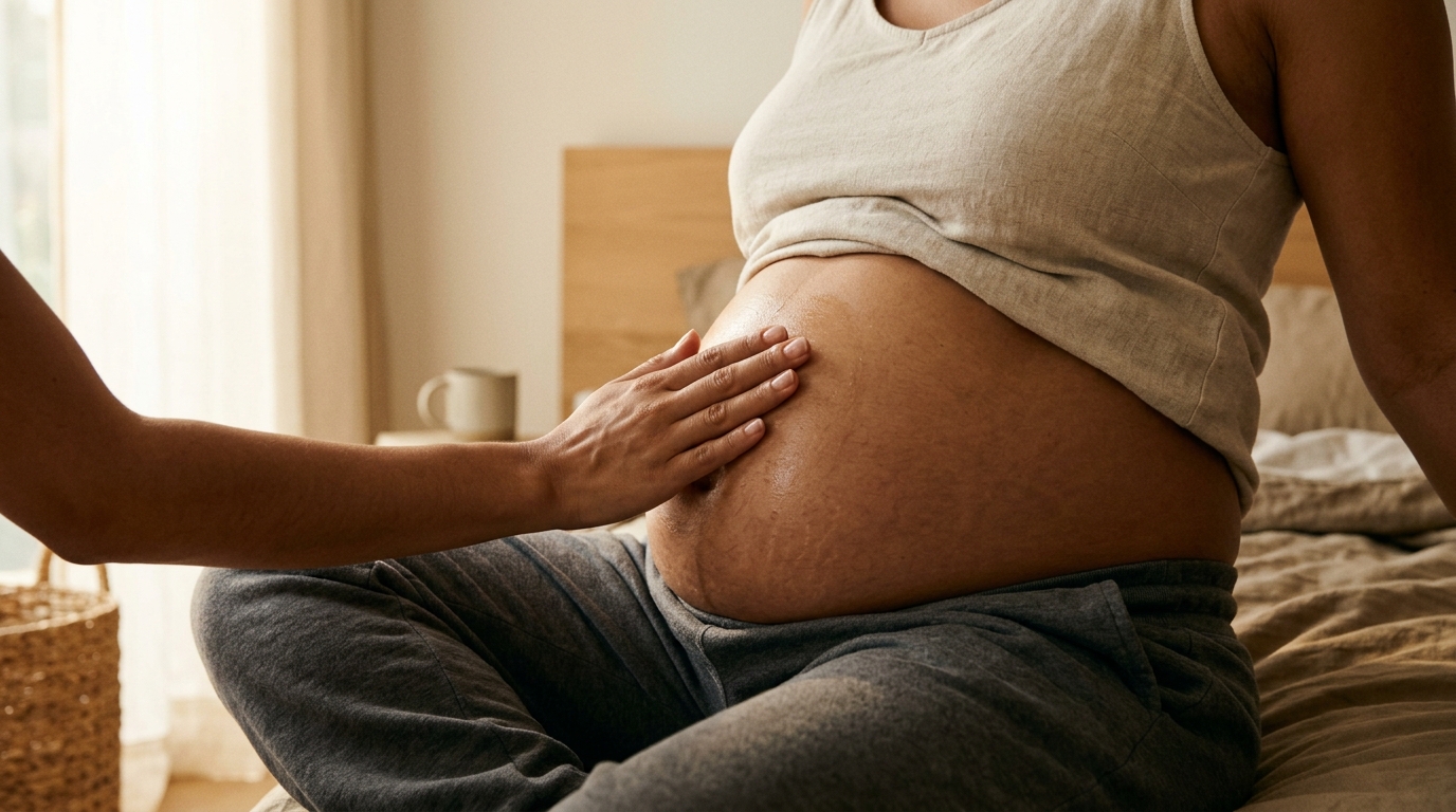 Aplicación de aceite hidratante sobre el vientre durante el embarazo para prevenir estrías