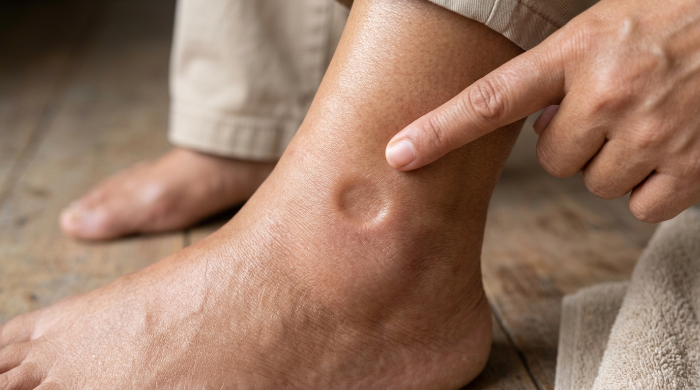 Prueba del signo de Godet en un tobillo hinchado para identificar edema con fóvea
