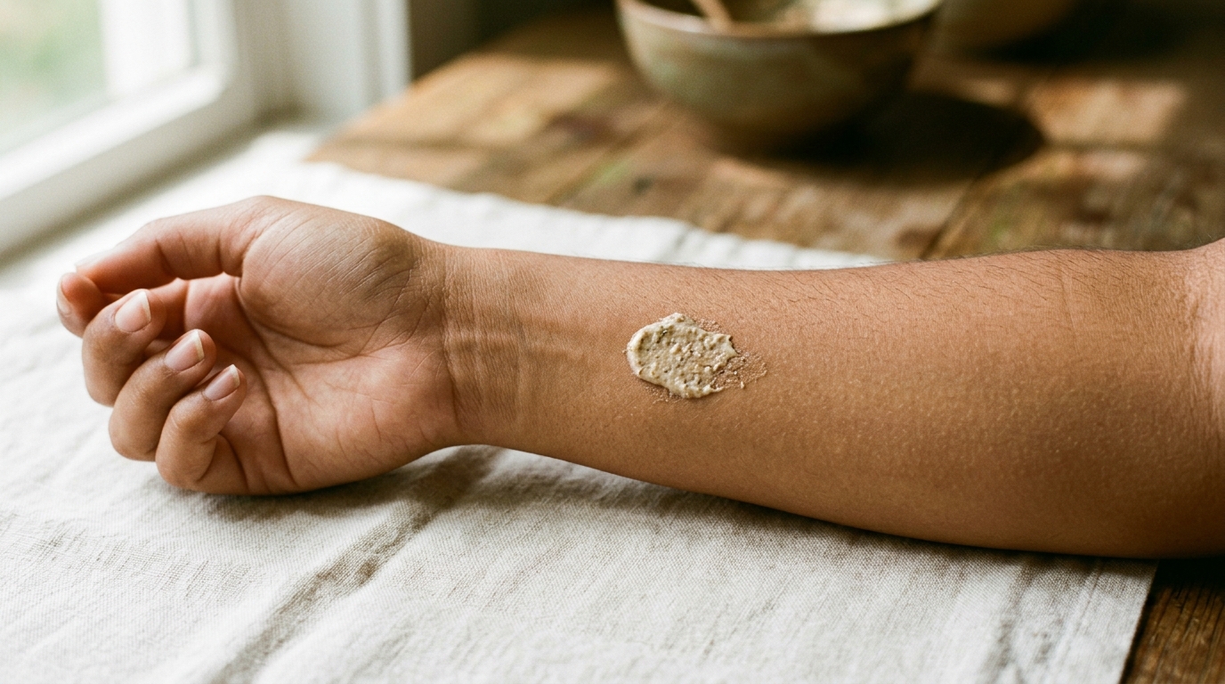 Pequeña cantidad de mascarilla aplicada en cara interna del antebrazo para prueba de sensibilidad