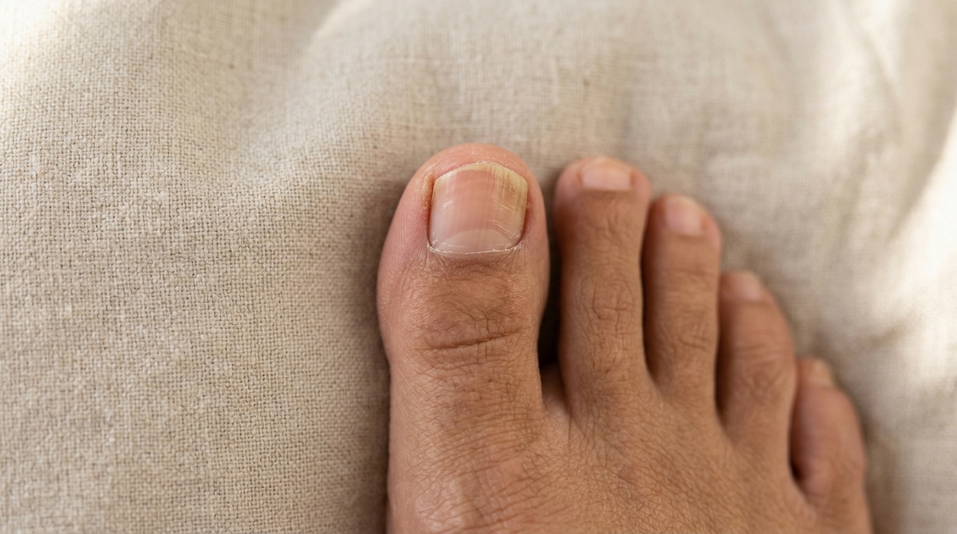 Uña del pie en proceso de recuperación con zona basal nueva sana y borde distal todavía afectado
