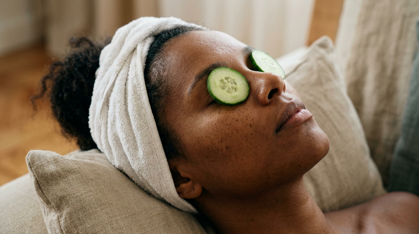 Aplicación de rodajas frías de pepino sobre los ojos para reducir bolsas y ojeras