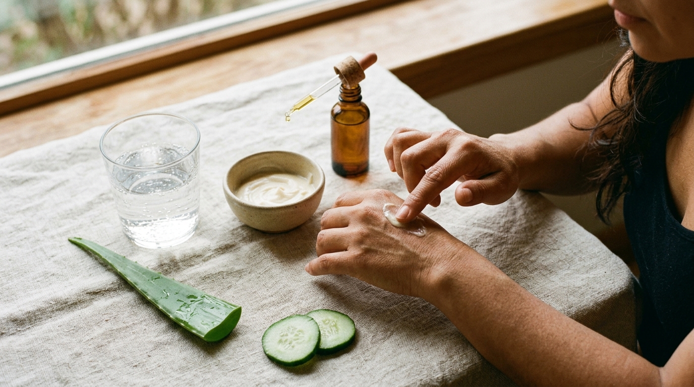 Productos de hidratación: agua, crema, aceite vegetal en ambiente natural