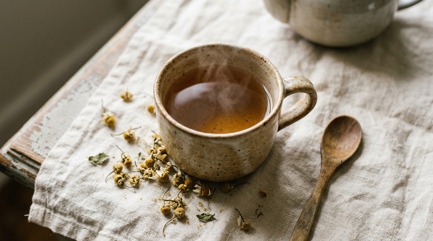 Taza humeante de infusión de manzanilla recién preparada con flores secas alrededor, momento de relajación y bienestar