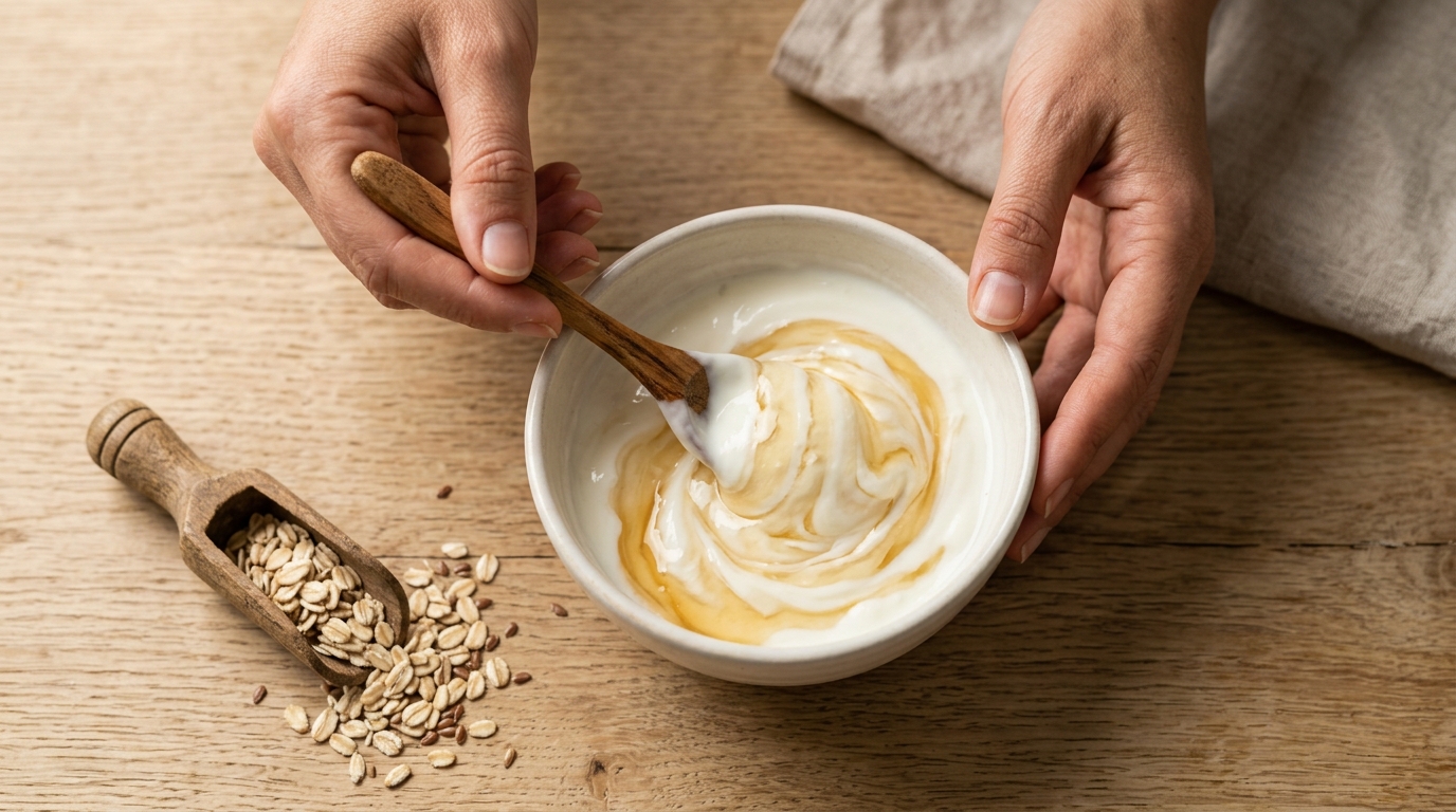 Preparación de mascarilla casera de yogurt y miel, mezcla cremosa en bowl de cerámica