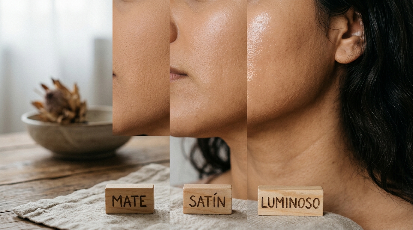 Tres áreas de piel mostrando acabados mate, satinado y luminoso en base de maquillaje
