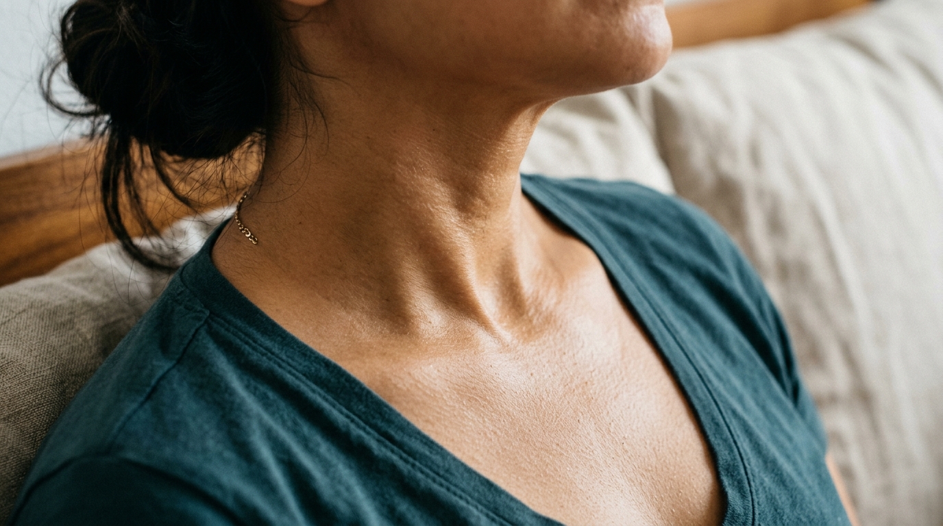 Textura de piel del cuello con aceite absorbido, tono latino realista sin brillo artificial