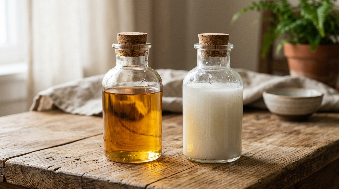 Dos frascos: aceite dorado claro (almendras) y aceite blanco opaco (coco) lado a lado