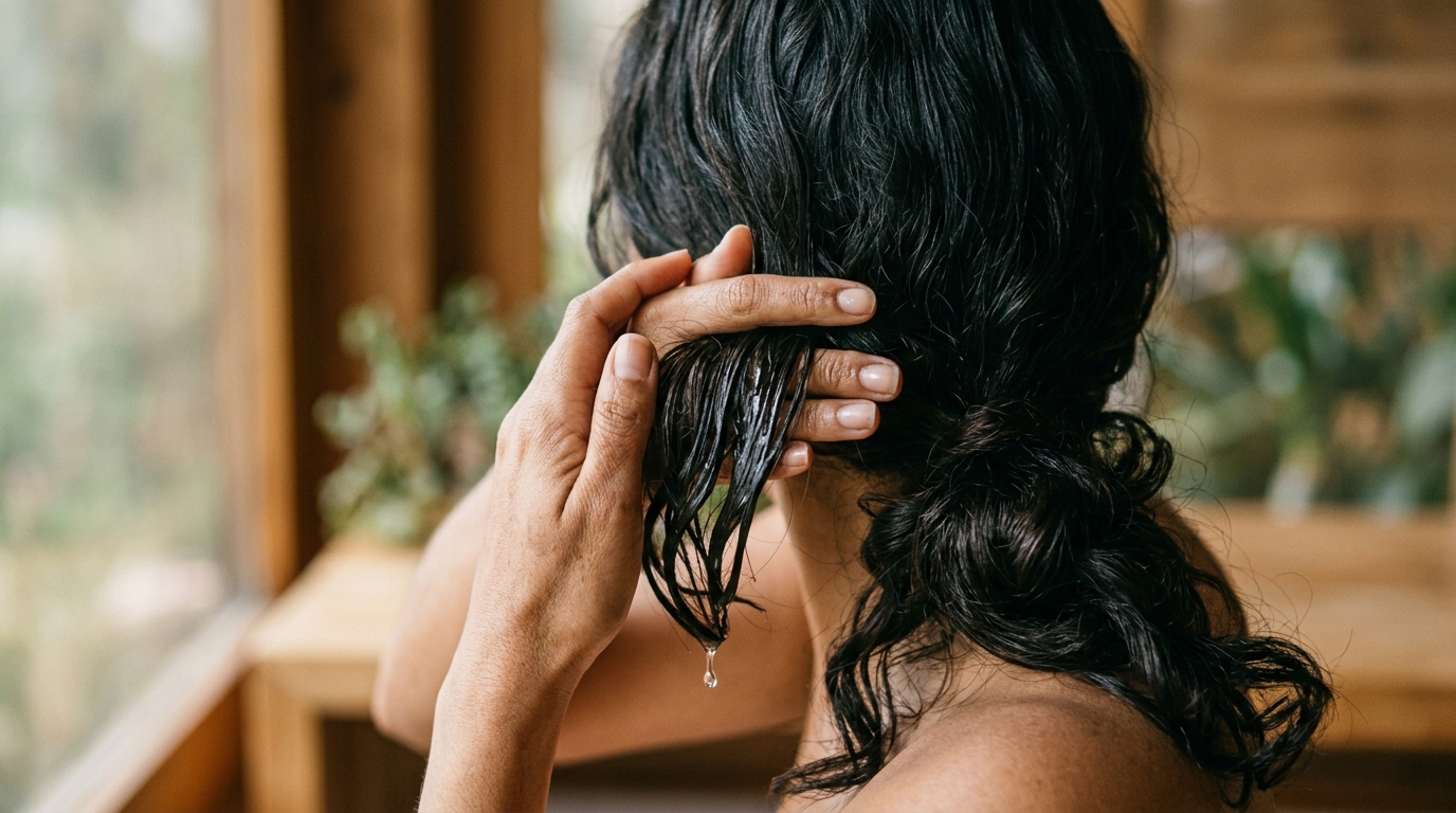 Manos aplicando aceite de coco en cabello ondulado desde raíz a puntas